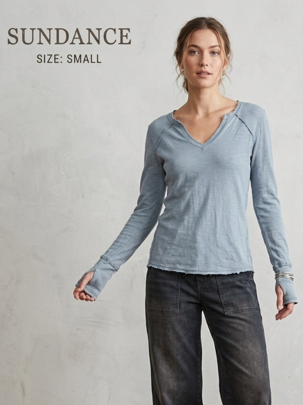 Sundance Boho Distressed Slub Knit Thermal Layer // Blue Grey Thumbhole Top S